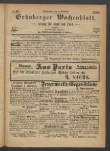 Grünberger Wochenblatt: Zeitung für Stadt und Land, No. 79. (1. October 1868)