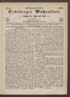 Grünberger Wochenblatt: Zeitung für Stadt und Land, No. 4. (14. Januar 1869)