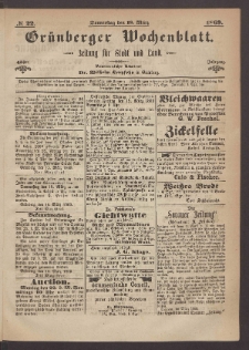 Grünberger Wochenblatt: Zeitung für Stadt und Land, No. 22. (18. März 1869)