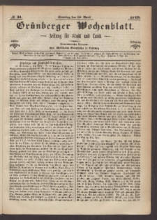 Grünberger Wochenblatt: Zeitung für Stadt und Land, No. 31. (18. April 1869)