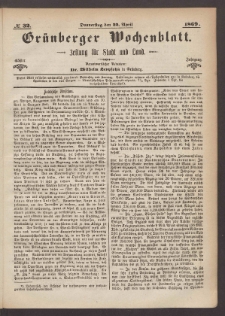 Grünberger Wochenblatt: Zeitung für Stadt und Land, No. 32. (22. April 1869)