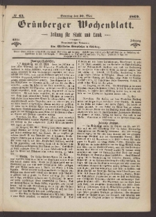 Grünberger Wochenblatt: Zeitung für Stadt und Land, No. 43. (30. Mai 1869)