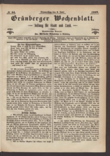 Grünberger Wochenblatt: Zeitung für Stadt und Land, No. 44. (3. Juni 1869)
