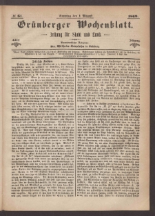 Grünberger Wochenblatt: Zeitung für Stadt und Land, No. 61. (1. August 1869)