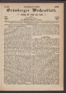 Grünberger Wochenblatt: Zeitung für Stadt und Land, No. 62. (5. August 1869)