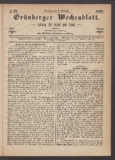 Grünberger Wochenblatt: Zeitung für Stadt und Land, No. 63. (8. August 1869)