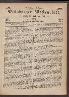 Grünberger Wochenblatt: Zeitung für Stadt und Land, No. 66. (19. August 1869)