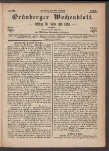 Grünberger Wochenblatt: Zeitung für Stadt und Land, No. 69. (29. August 1869)