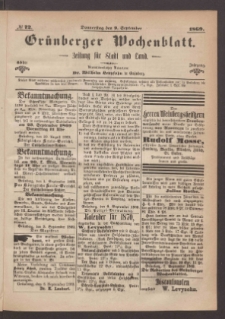 Grünberger Wochenblatt: Zeitung für Stadt und Land, No. 72. (9. September 1869)