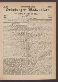 Grünberger Wochenblatt: Zeitung für Stadt und Land, No. 85. (24. Oktober 1869)