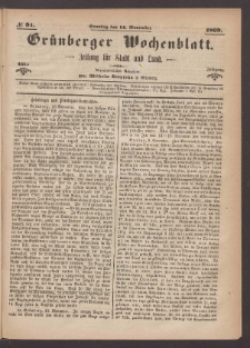 Grünberger Wochenblatt: Zeitung für Stadt und Land, No. 91. (14. November 1869)