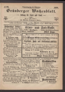 Grünberger Wochenblatt: Zeitung für Stadt und Land, No. 92. (18. November 1869)