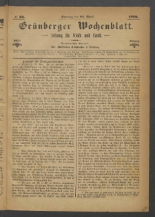 Grünberger Wochenblatt: Zeitung für Stadt und Land, No. 33. (24. April 1870)