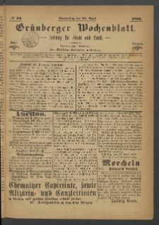 Gr&uuml;nberger Wochenblatt: Zeitung f&uuml;r Stadt und Land, No. 34. (28. April 1870)