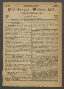 Grünberger Wochenblatt: Zeitung für Stadt und Land, No. 62. (4. August 1870)