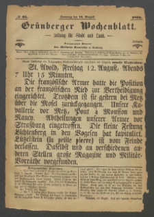 Grünberger Wochenblatt: Zeitung für Stadt und Land, No. 65. (14. August 1870)