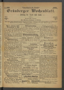 Grünberger Wochenblatt: Zeitung für Stadt und Land, No. 100. (15. December 1870)