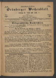 Grünberger Wochenblatt: Zeitung für Stadt und Land, No. 9. (2. Februar 1871)