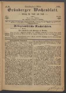 Grünberger Wochenblatt: Zeitung für Stadt und Land, No. 11. (9. Februar 1871)