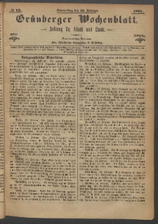 Grünberger Wochenblatt: Zeitung für Stadt und Land, No. 13. (16. Februar 1871)