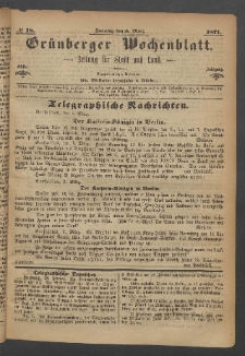 Grünberger Wochenblatt: Zeitung für Stadt und Land, No. 18. (5. März 1871)