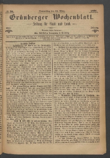 Grünberger Wochenblatt: Zeitung für Stadt und Land, No. 21. (16. März 1871)