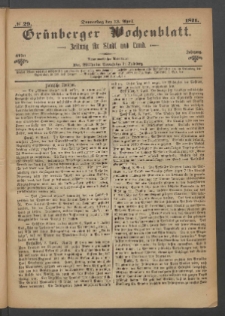 Grünberger Wochenblatt: Zeitung für Stadt und Land, No. 29. (13. April 1871)