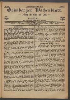 Gr&uuml;nberger Wochenblatt: Zeitung f&uuml;r Stadt und Land, No. 37. (11. Mai 1871)