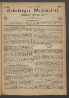 Grünberger Wochenblatt: Zeitung für Stadt und Land, No. 54. (9. Juli 1871)