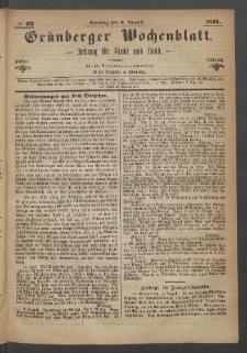 Gr&uuml;nberger Wochenblatt: Zeitung f&uuml;r Stadt und Land, No. 62. (6. August 1871)