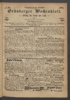Grünberger Wochenblatt: Zeitung für Stadt und Land, No. 73. (14. September 1871)
