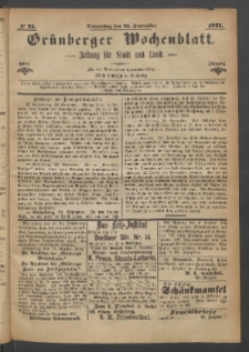 Gr&uuml;nberger Wochenblatt: Zeitung f&uuml;r Stadt und Land, No. 75. (21. September 1871)