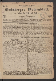 Grünberger Wochenblatt: Zeitung für Stadt und Land, No. 1. (4. Januar 1872)