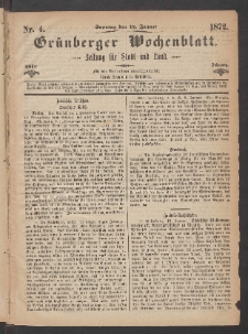 Grünberger Wochenblatt: Zeitung für Stadt und Land, No. 4. (14. Januar 1872)