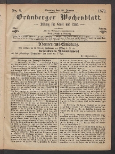 Grünberger Wochenblatt: Zeitung für Stadt und Land, No. 8. (28. Januar 1872)