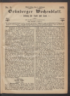 Grünberger Wochenblatt: Zeitung für Stadt und Land, No. 9. (1. Februar 1872)