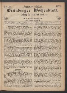 Grünberger Wochenblatt: Zeitung für Stadt und Land, No. 12. (11. Februar 1872)