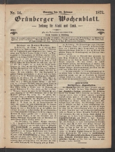 Grünberger Wochenblatt: Zeitung für Stadt und Land, No. 14. (18. Februar 1872)