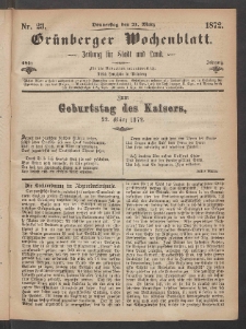 Grünberger Wochenblatt: Zeitung für Stadt und Land, No. 23. (21. März 1872)