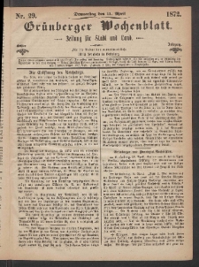 Grünberger Wochenblatt: Zeitung für Stadt und Land, No. 29. (11. April 1872)