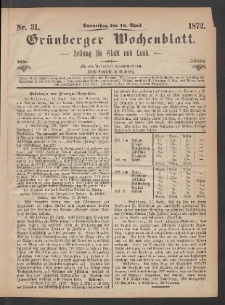Grünberger Wochenblatt: Zeitung für Stadt und Land, No. 31. (18. April 1872)