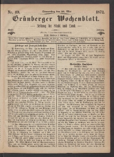 Grünberger Wochenblatt: Zeitung für Stadt und Land, No. 39. (16. Mai 1872)