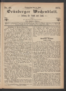Grünberger Wochenblatt: Zeitung für Stadt und Land, No. 45. (6. Juni 1872)