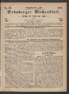 Grünberger Wochenblatt: Zeitung für Stadt und Land, No. 53. (4. Juli 1872)