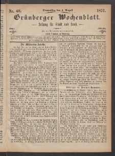 Grünberger Wochenblatt: Zeitung für Stadt und Land, No. 63. (8. August 1872)