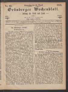 Grünberger Wochenblatt: Zeitung für Stadt und Land, No. 67. (22. August 1872)