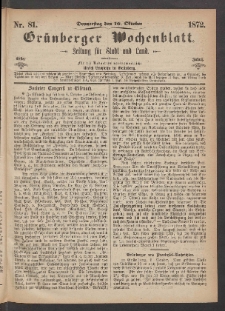 Grünberger Wochenblatt: Zeitung für Stadt und Land, No. 81. (10. Oktober 1872)
