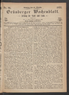 Grünberger Wochenblatt: Zeitung für Stadt und Land, No. 86. (27. Oktober 1872)