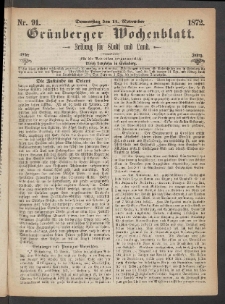 Grünberger Wochenblatt: Zeitung für Stadt und Land, No. 91. (14. November 1872)