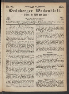 Grünberger Wochenblatt: Zeitung für Stadt und Land, No. 92. (17. November 1872)
